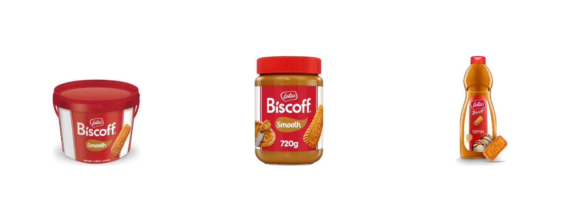 Lotus Biscoff cookie spread, 8 kg bucket; spreadable spread, 720 g jar; and topping sauce, 1 kg squeeze bottle