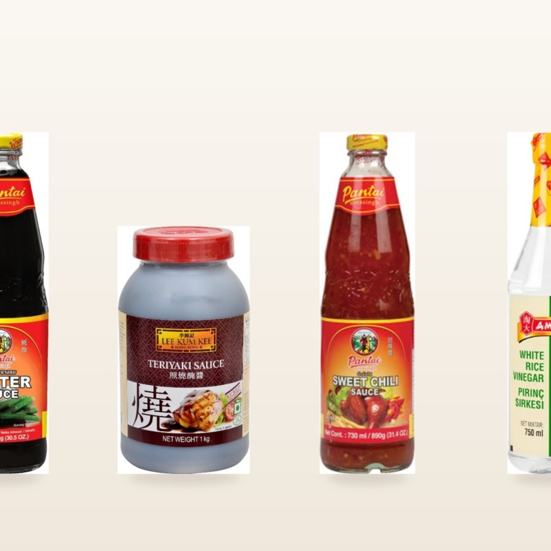 Wholesale Asian sauces: soy sauce, oyster sauce, teriyaki, sweet chili, rice vinegar, and sriracha