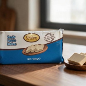 Ünalan sade tahin helvası 1 kg ambalajı ve ahşap tabakta dilimlenmiş tahin helvası