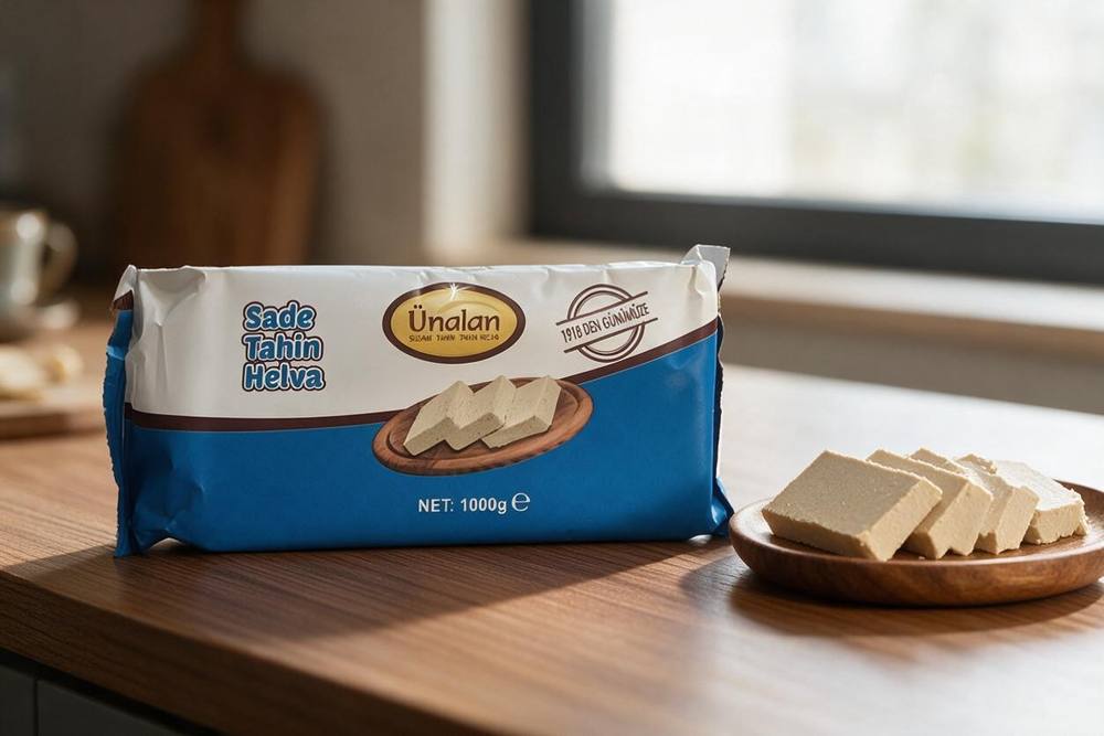 Ünalan Plain Tahini Halva, 1 kg 1 Ünalan sade tahin helvası 1 kg ambalajı ve ahşap tabakta dilimlenmiş tahin helvası